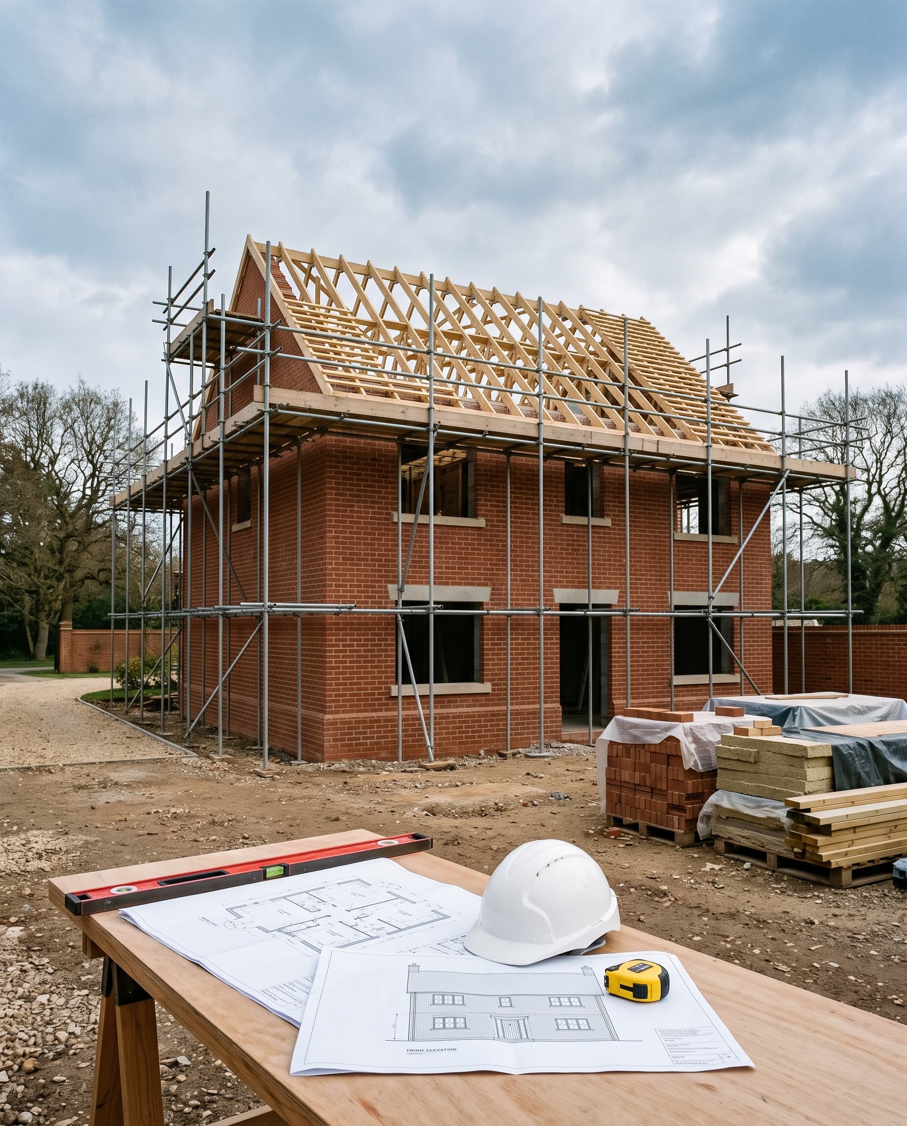 Brick new-build house under construction with tidy scaffolding, and architectural drawings, a hard hat and a spirit level on a site table in front